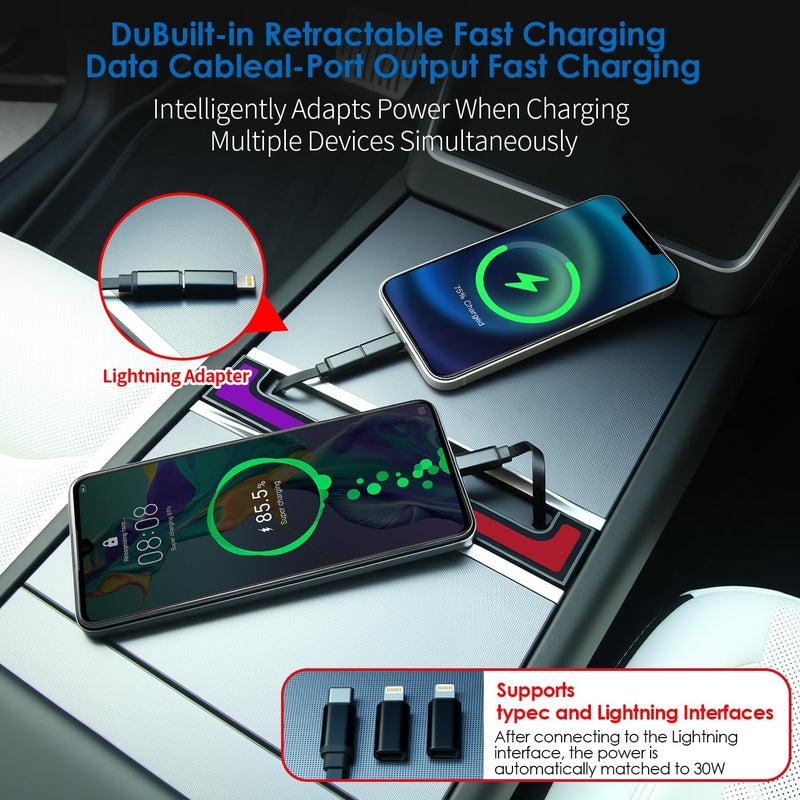 Arcoche USB Hub for Tesla Model Y Juniper 2025-2026 & Model 3 Highland 2024-2025, 120W USB-C Fast Charging with Retractable Cables, 2-Port Center Console Adapter with RGB Ambient Lighting - Image 3